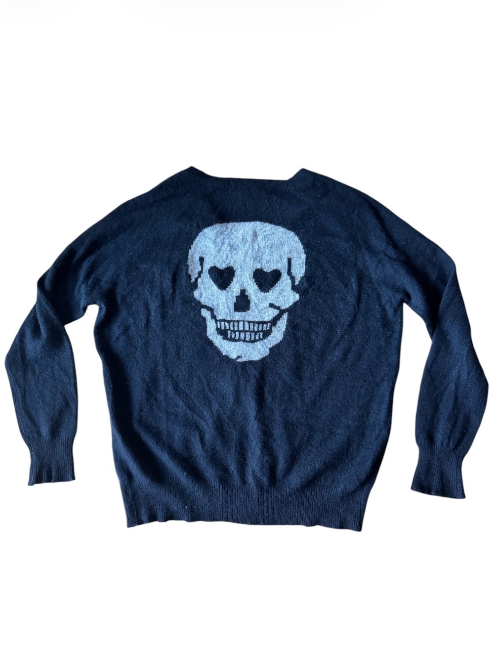 Aqua Cashmere V Neck Sweater Black Skull Rock Whimsigoth Halloween Edgy